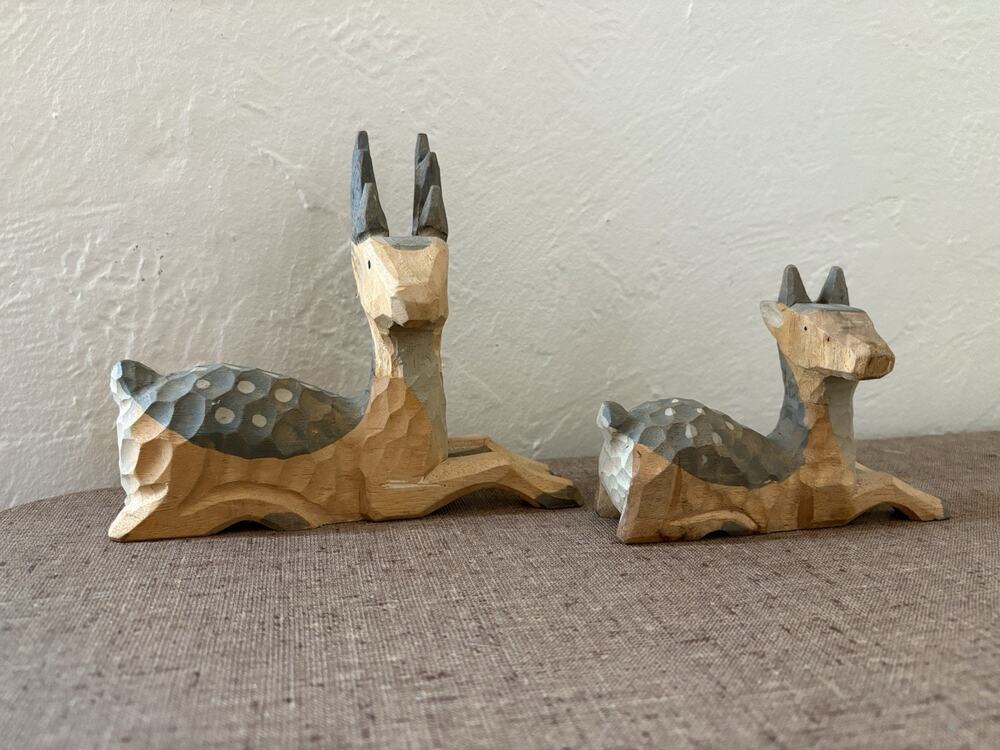 Vintage Wood Deer Figurines Rustic Hand Carved Painted Set of 2